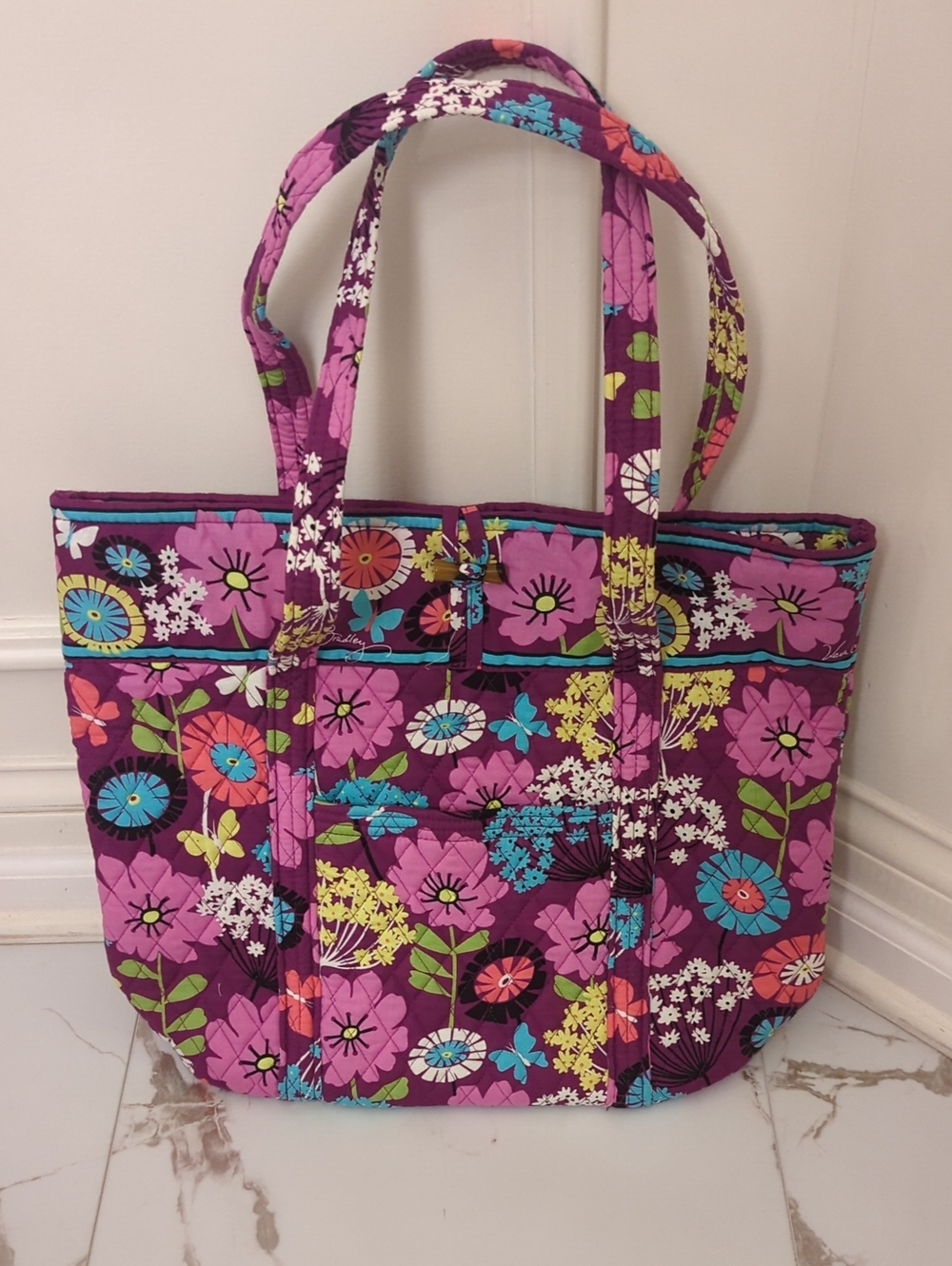 Vera Bradley Purple Floral Quilted Tote with Multicolor Flowers